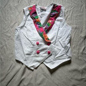 Vintage 90s Girls White Vest Pink Tropical Collar Size 10 Kids Elastic Waist
